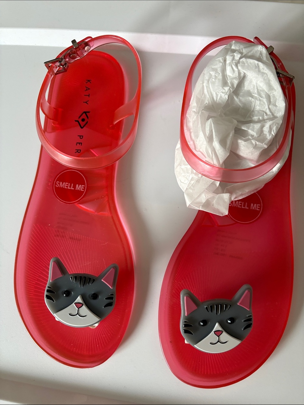 Katy Perry Collections Red Jelly Cat Sandals with Gray Cat Charms